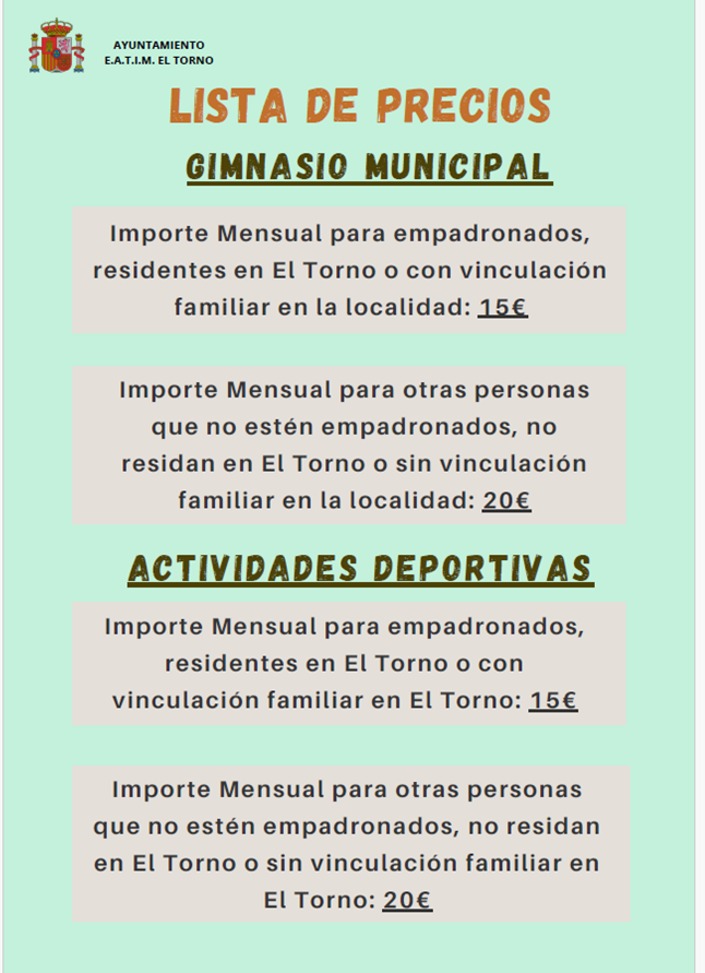PRECIOS ACTIVIDADES DEPORTIVAS